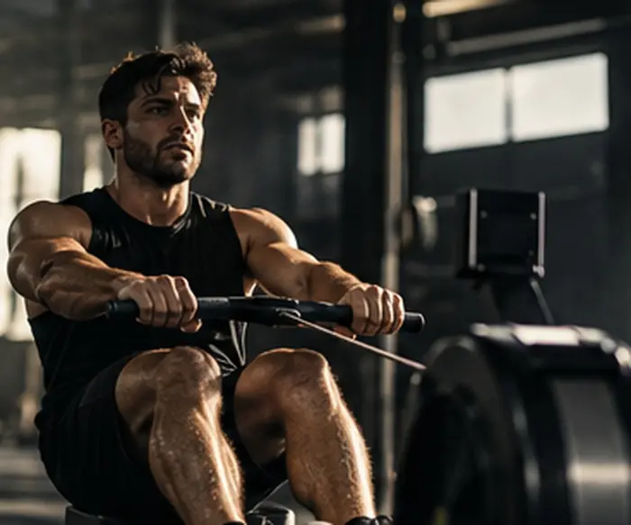 Atleta en una máquina de remo